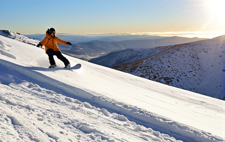 **Snowboarding in Serra da Estrela:** A snowboarder carving down a snowy slope in Serra da Estrela, Portugal. Focus on the bright, sunny day, with the white snow contrasting against the rugged mountain landscape. The snowboarder should appear to be enjoying the ride, with a sense of freedom and exhilaration.