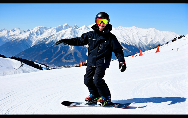 **
A beginner snowboarder, fully clothed in appropriate winter gear (jacket, pants, gloves, helmet, goggles), practicing on a gentle slope. The background features snow-covered mountains and a clear blue sky. Safe for work, appropriate content, professional snowboarding instruction setting, perfect anatomy, natural proportions, well-formed hands, proper finger count, modest attire, family-friendly.
**