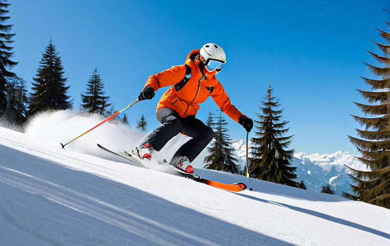 스키 지팡이 사용법 - **
"A professional female skier, fully clothed in a modern ski suit, gracefully skiing down a gentl...