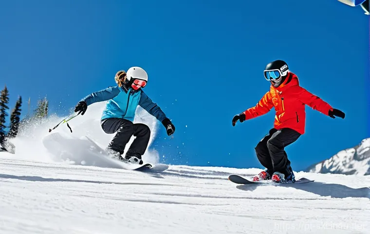 스키와 보드 장비 비교 - **Prompt 1: The Dual Joy of Snow Sports on a Vibrant Mountain**
    "A dynamic and cheerful scene on...