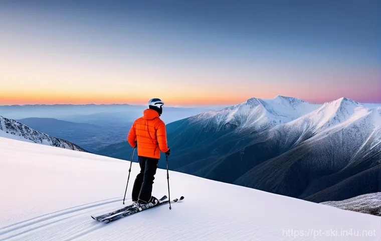 스키 여행 사진 촬영 팁 - **Prompt:** A breathtaking, wide-angle landscape photograph captured during golden hour (sunrise or ...