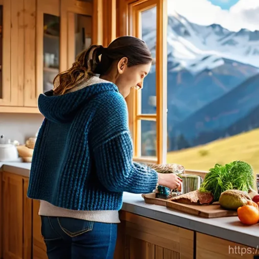 스키장별 음식 가격 - **Prompt:** A vibrant, cozy kitchen scene inside a modern mountain chalet. A person, casually dresse...