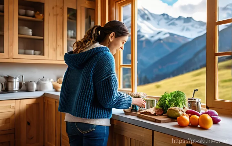 스키장별 음식 가격 - **Prompt:** A vibrant, cozy kitchen scene inside a modern mountain chalet. A person, casually dresse...