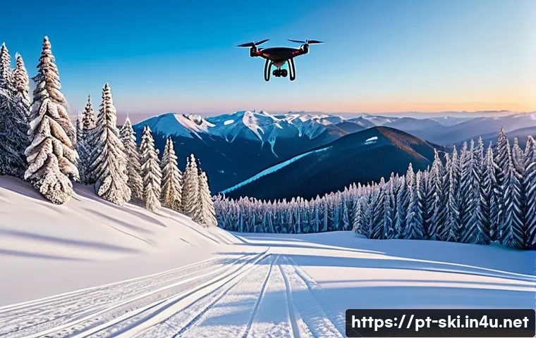 스키장 드론 촬영 허용 여부 - A high-resolution image of a professional drone equipped with a 4K camera flying over a snowy mounta...