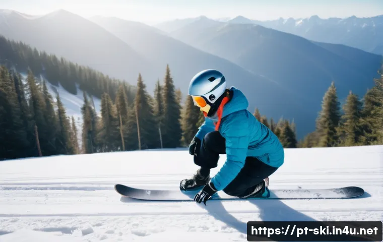 스노우보드 초보자 탈출 노하우 - A young adult beginner snowboarder dressed in layered waterproof clothing, wearing a helmet, wrist g...