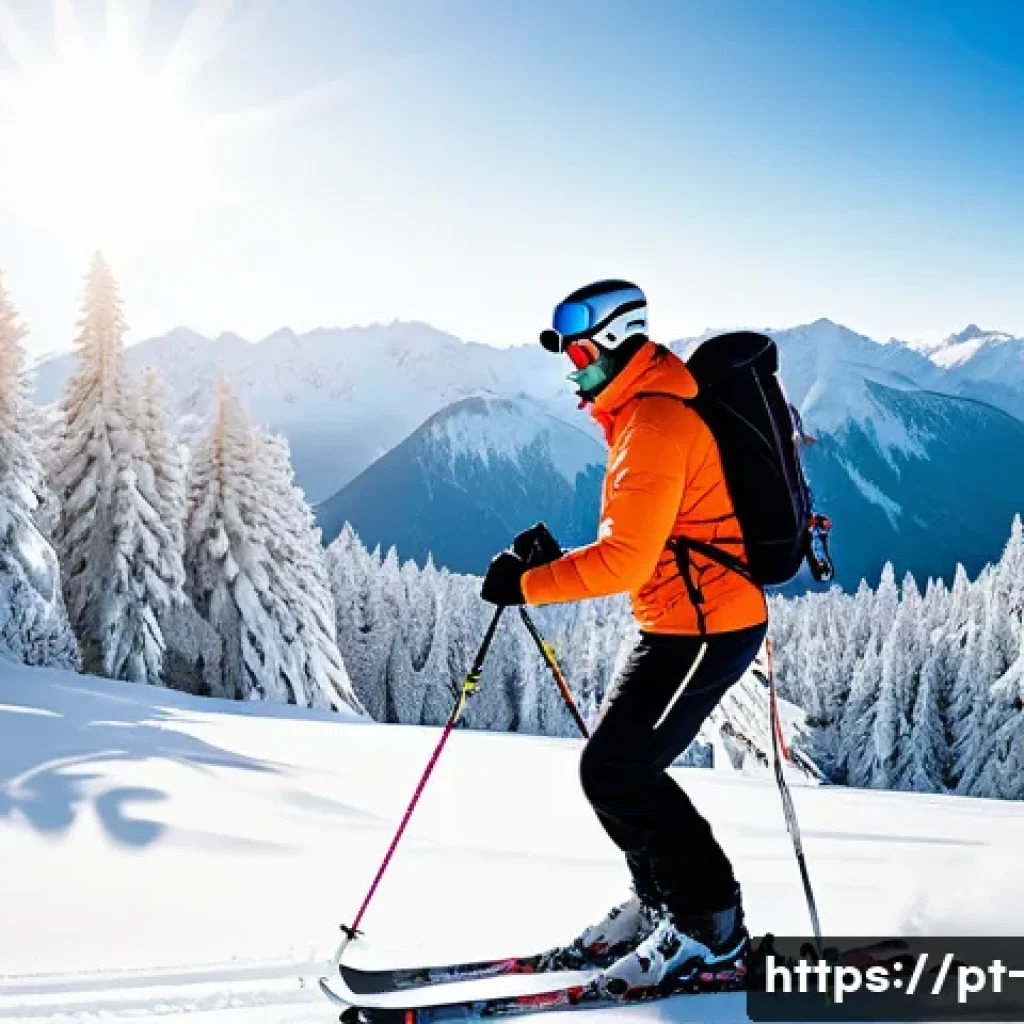 스키 기초 자세 배우기 - A beginner skier on a snowy mountain slope, wearing full ski gear including boots, helmet, goggles, ...