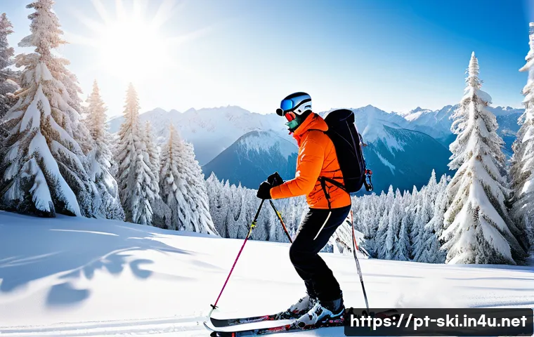 스키 기초 자세 배우기 - A beginner skier on a snowy mountain slope, wearing full ski gear including boots, helmet, goggles, ...