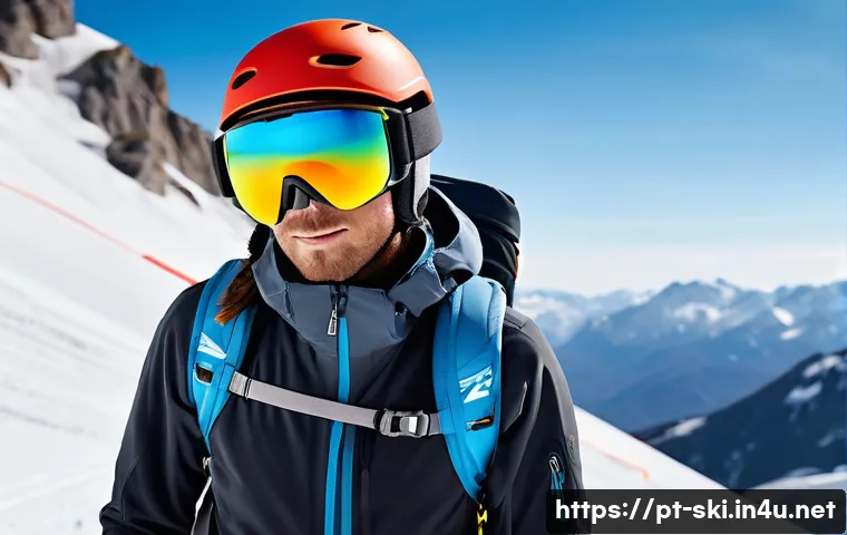 스키 중급자 장비 세팅 - A detailed scene showing an intermediate skier standing confidently on a snowy mountain slope, weari...