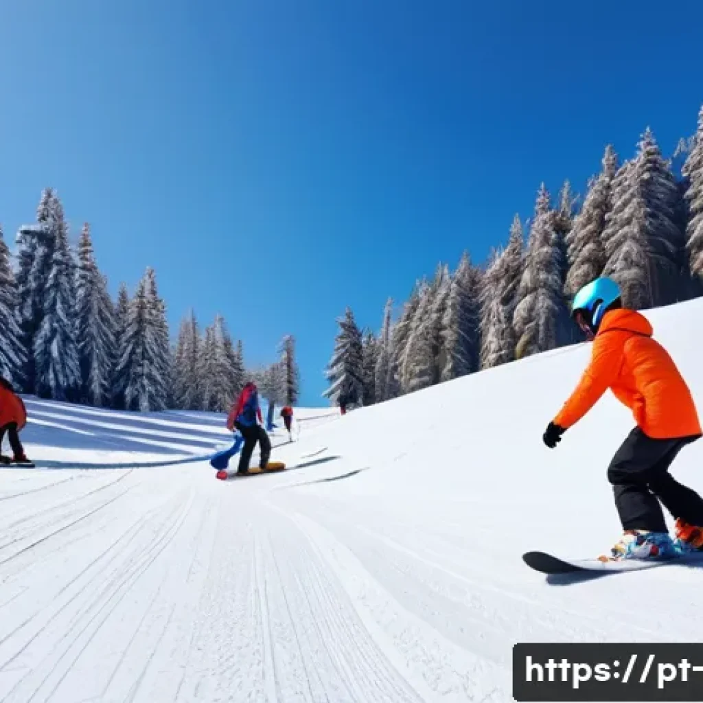 스노우보드 초보자 연습장소 - A beginner snowboarder wearing colorful waterproof clothing and protective gear including helmet, kn...