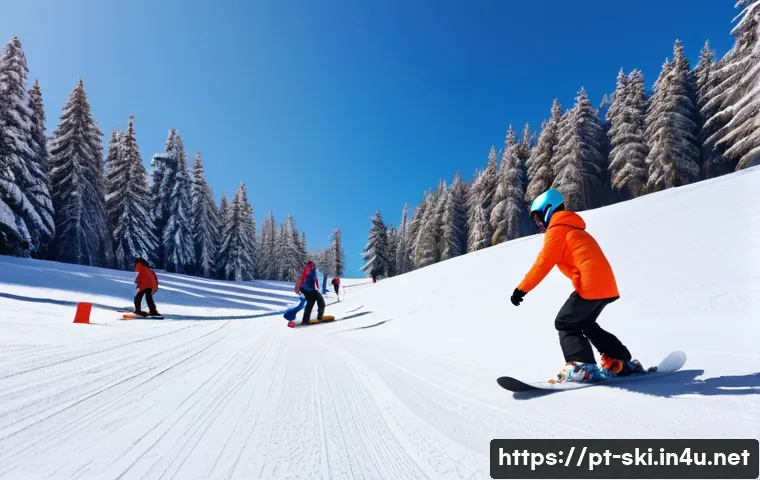 스노우보드 초보자 연습장소 - A beginner snowboarder wearing colorful waterproof clothing and protective gear including helmet, kn...
