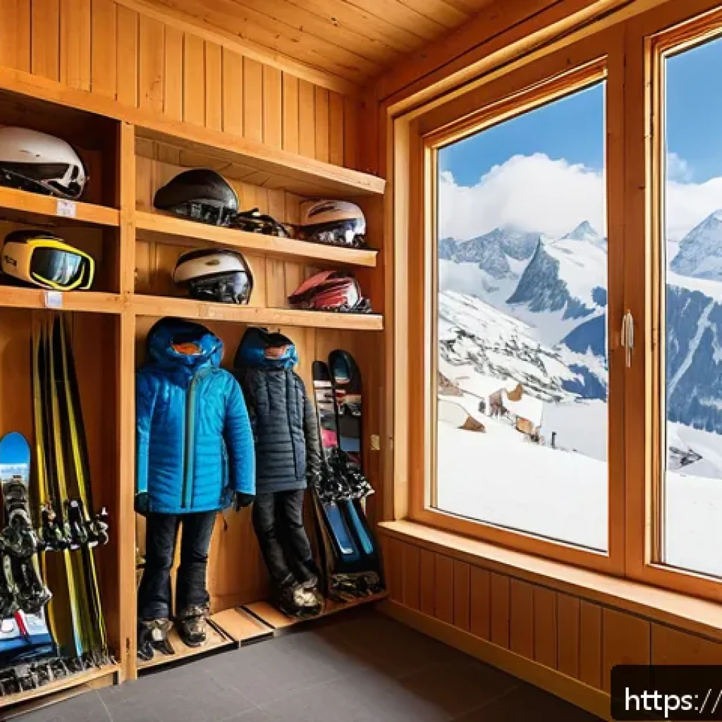 스키 장비 렌탈 vs 구매 - A cozy ski rental shop interior in the Swiss Alps during winter, featuring modern ski equipment neat...