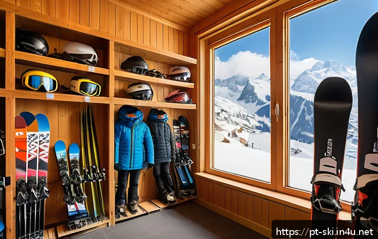 스키 장비 렌탈 vs 구매 - A cozy ski rental shop interior in the Swiss Alps during winter, featuring modern ski equipment neat...