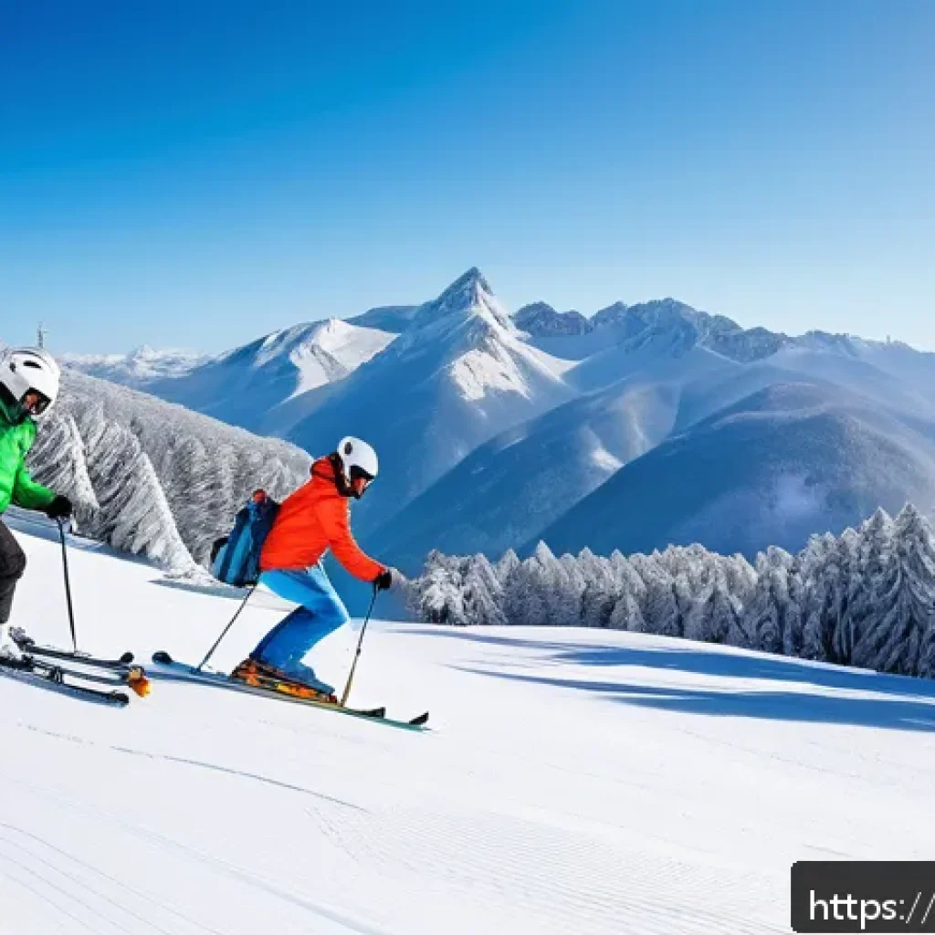 스키장별 레슨 비용 비교 - A cheerful group ski lesson scene at a Brazilian ski resort, featuring diverse beginners wearing col...