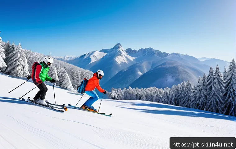 스키장별 레슨 비용 비교 - A cheerful group ski lesson scene at a Brazilian ski resort, featuring diverse beginners wearing col...