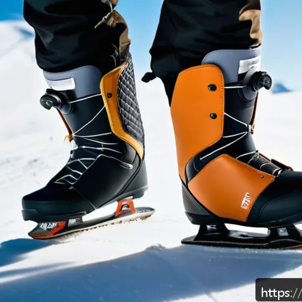 스노우보드 부츠 착용 팁 - A detailed close-up of a snowboarder putting on snowboard boots with custom insoles visible inside, ...