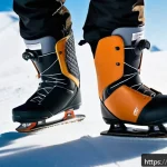 Home 22 스노우보드 부츠 착용 팁 - A detailed close-up of a snowboarder putting on snowboard boots with custom insoles visible inside, ...