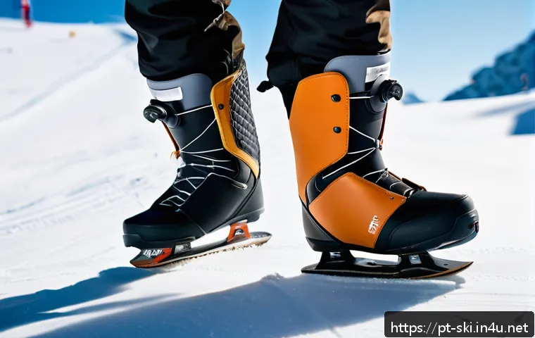 스노우보드 부츠 착용 팁 - A detailed close-up of a snowboarder putting on snowboard boots with custom insoles visible inside, ...