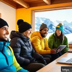 Home 19 스노우보드 커뮤니티 리뷰 - A vibrant digital art scene showing a diverse group of snowboarders from Brazil gathered around lapt...