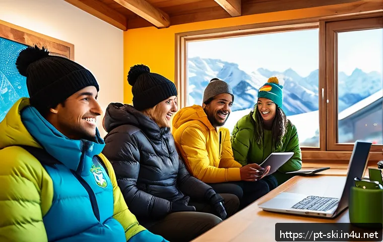 스노우보드 커뮤니티 리뷰 - A vibrant digital art scene showing a diverse group of snowboarders from Brazil gathered around lapt...