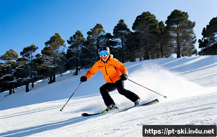 스키 중급자 턴 기술 - Photorealistic intermediate skier practicing smooth parallel turns on a groomed slope in Serra da Es...