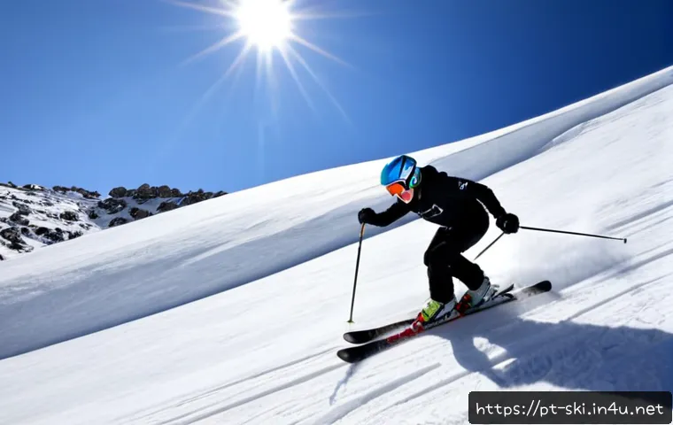 스키 전문가 코스 난이도 - Photorealistic action scene of an expert skier carving sharply down a steep black-diamond-style alpi...