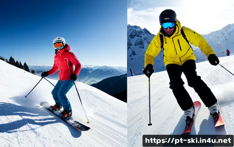 Home 13 스키와 보드의 차이 - Photorealistic side-by-side winter sports comparison on a sunny alpine slope: an adult skier in a he...