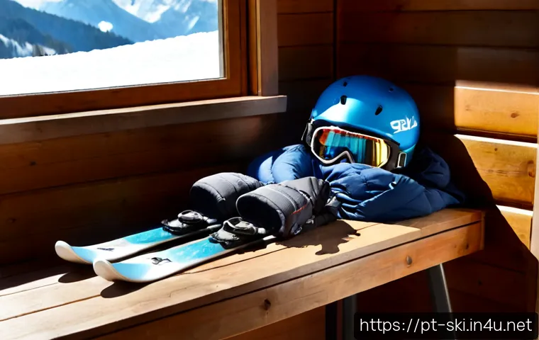 Home 15 스키 장비 준비 팁 - Photorealistic flat lay of essential ski equipment neatly arranged on a light wooden bench: skis, sk...