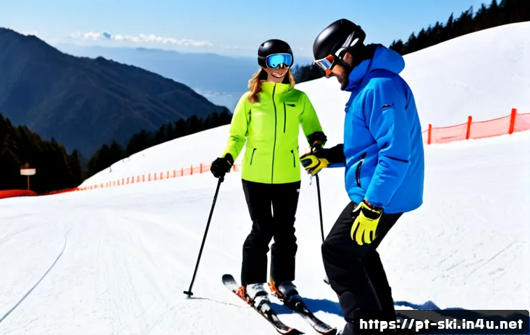Home 15 스키와 보드 레슨 강사 리뷰 - Photorealistic ski lesson review concept at a sunny Brazilian-style mountain resort, friendly adult ...