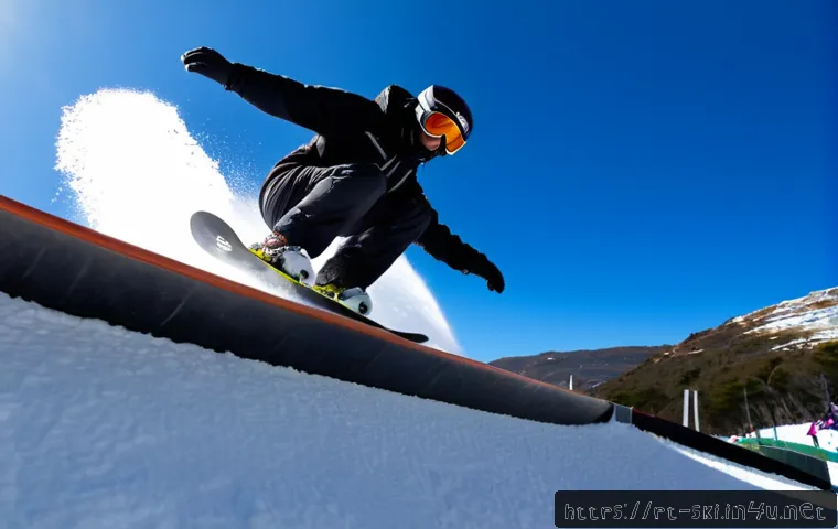 Home 15 스노우보드 레일 트릭 - Photorealistic action shot of a snowboarder performing a clean boardslide on a metal rail at a snow ...